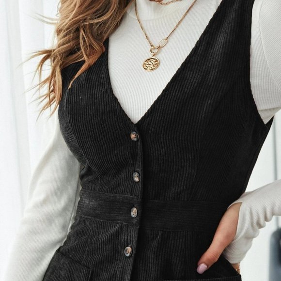 Black Preppy Womens Single Breasted Patch Pocket Cord Overall Dress - Picture 4 of 4